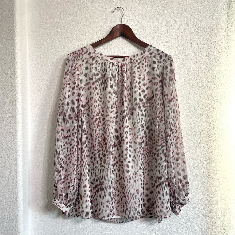 Talbots Womens Shirt Blouse White Pink Leopard Animal Tie Neck Plus Size 2X